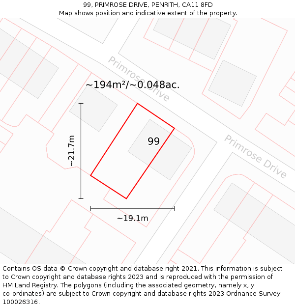 99, PRIMROSE DRIVE, PENRITH, CA11 8FD: Plot and title map