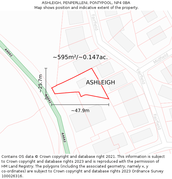 ASHLEIGH, PENPERLLENI, PONTYPOOL, NP4 0BA: Plot and title map