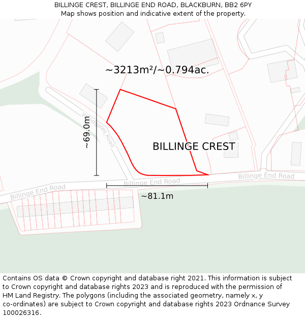 BILLINGE CREST, BILLINGE END ROAD, BLACKBURN, BB2 6PY: Plot and title map