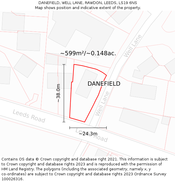 DANEFIELD, WELL LANE, RAWDON, LEEDS, LS19 6NS: Plot and title map