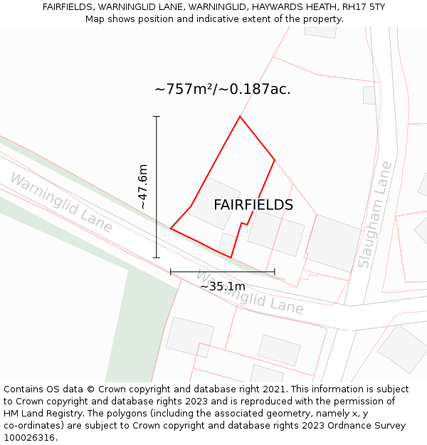 FAIRFIELDS, WARNINGLID LANE, WARNINGLID, HAYWARDS HEATH, RH17 5TY: Plot and title map