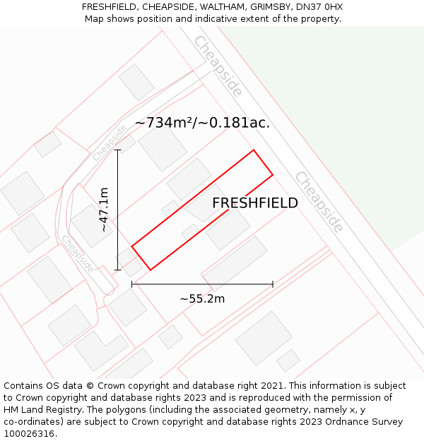 FRESHFIELD, CHEAPSIDE, WALTHAM, GRIMSBY, DN37 0HX: Plot and title map