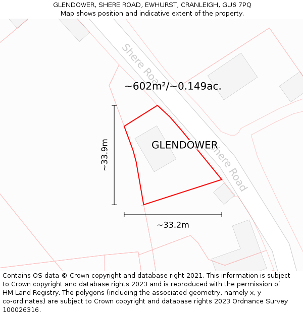 GLENDOWER, SHERE ROAD, EWHURST, CRANLEIGH, GU6 7PQ: Plot and title map