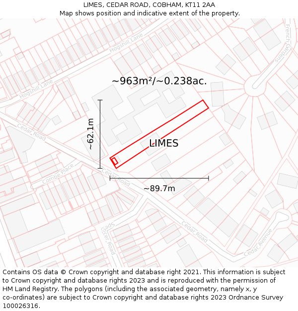 LIMES, CEDAR ROAD, COBHAM, KT11 2AA: Plot and title map