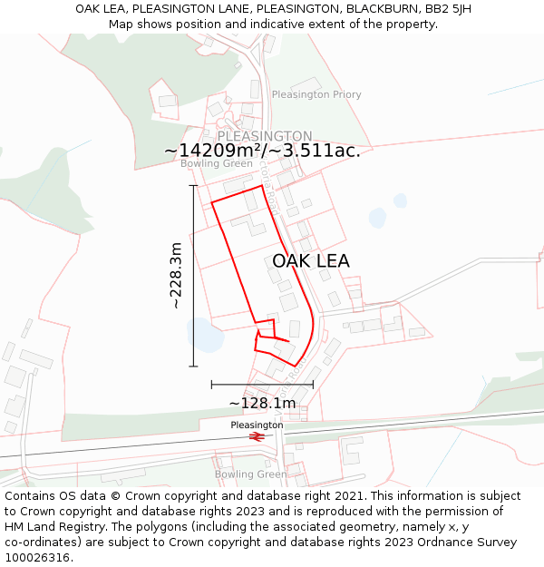 OAK LEA, PLEASINGTON LANE, PLEASINGTON, BLACKBURN, BB2 5JH: Plot and title map