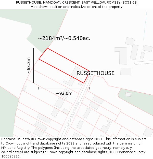 RUSSETHOUSE, HAMDOWN CRESCENT, EAST WELLOW, ROMSEY, SO51 6BJ: Plot and title map