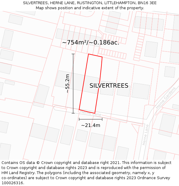 SILVERTREES, HERNE LANE, RUSTINGTON, LITTLEHAMPTON, BN16 3EE: Plot and title map