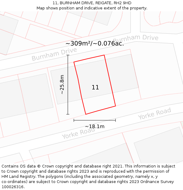 11, BURNHAM DRIVE, REIGATE, RH2 9HD: Plot and title map
