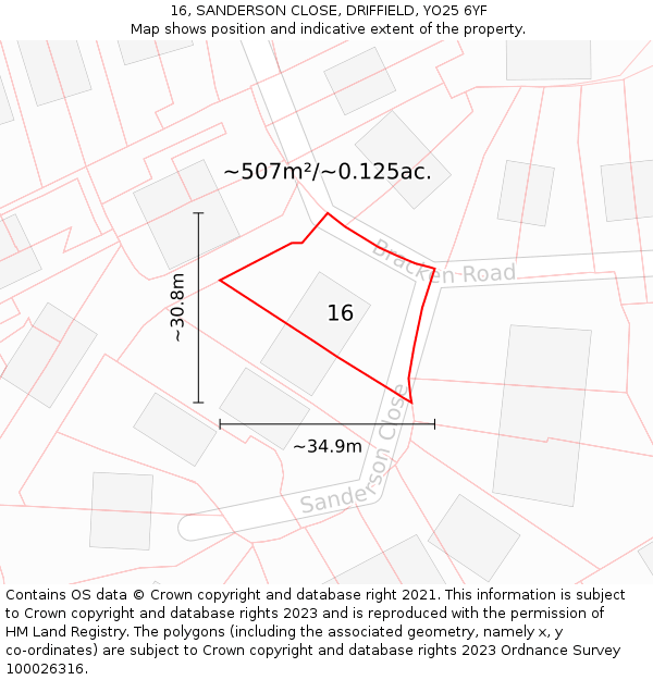 16, SANDERSON CLOSE, DRIFFIELD, YO25 6YF: Plot and title map