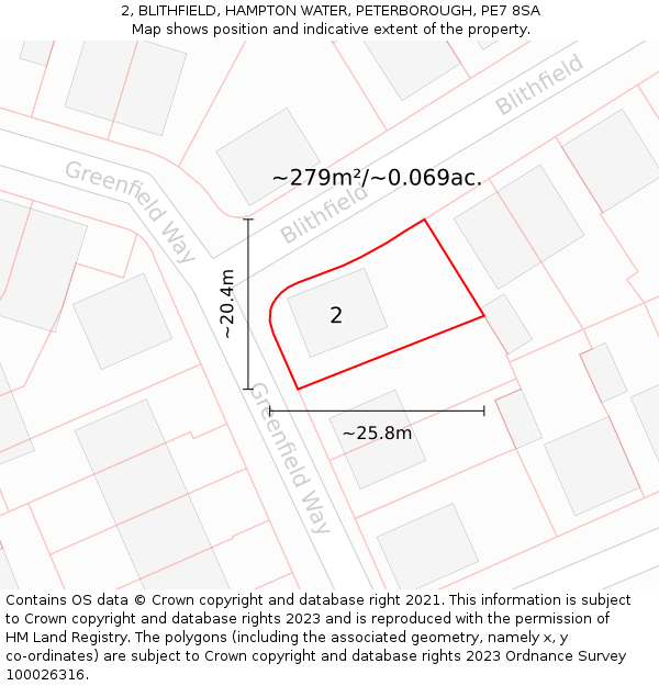 2, BLITHFIELD, HAMPTON WATER, PETERBOROUGH, PE7 8SA: Plot and title map