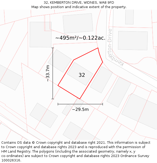 32, KEMBERTON DRIVE, WIDNES, WA8 9FD: Plot and title map
