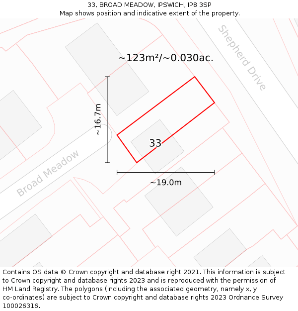 33, BROAD MEADOW, IPSWICH, IP8 3SP: Plot and title map