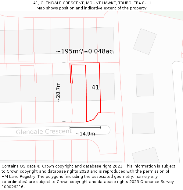 41, GLENDALE CRESCENT, MOUNT HAWKE, TRURO, TR4 8UH: Plot and title map