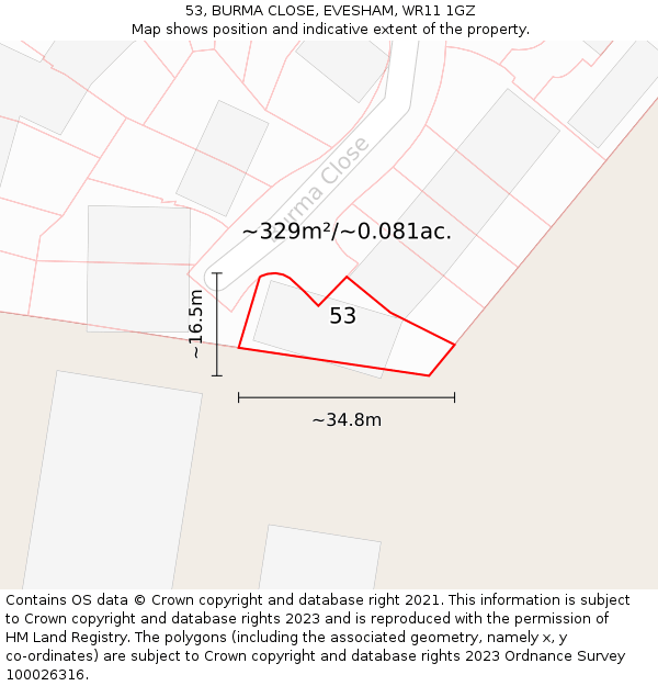53, BURMA CLOSE, EVESHAM, WR11 1GZ: Plot and title map