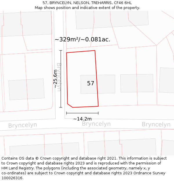 57, BRYNCELYN, NELSON, TREHARRIS, CF46 6HL: Plot and title map