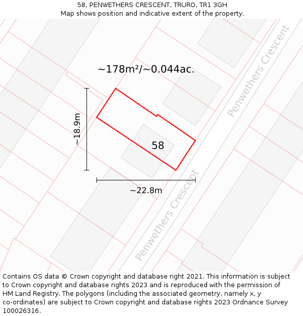 58, PENWETHERS CRESCENT, TRURO, TR1 3GH: Plot and title map