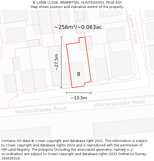 8, LAMB CLOSE, BRAMPTON, HUNTINGDON, PE28 4QY: Plot and title map