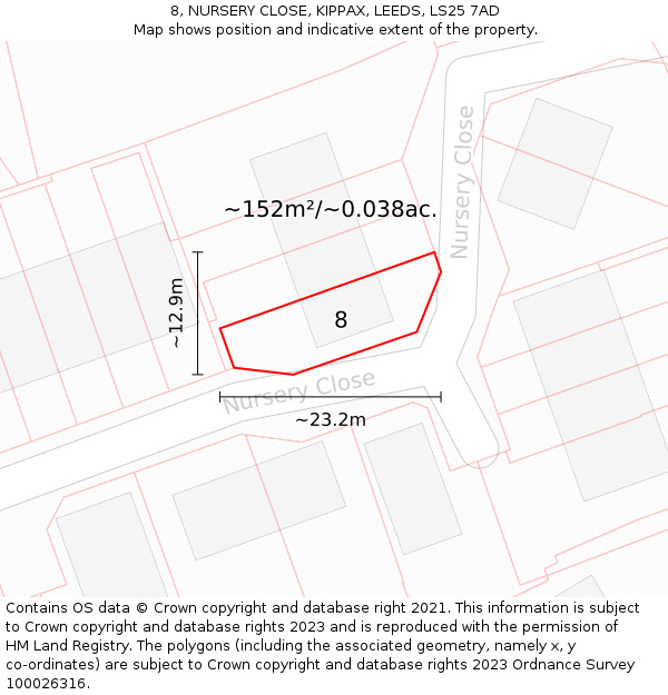 8, NURSERY CLOSE, KIPPAX, LEEDS, LS25 7AD: Plot and title map