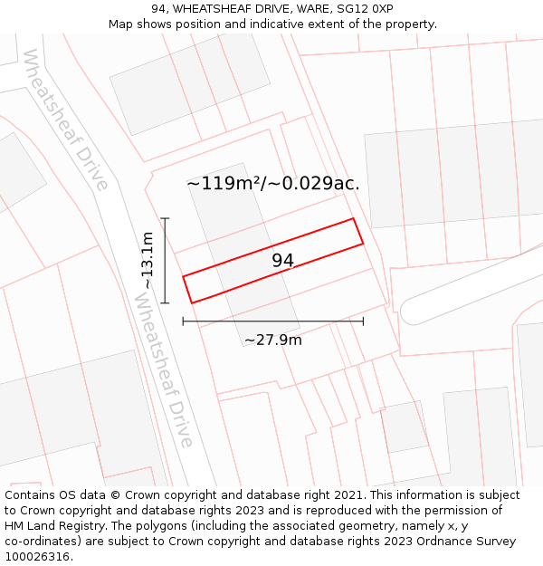 94, WHEATSHEAF DRIVE, WARE, SG12 0XP: Plot and title map
