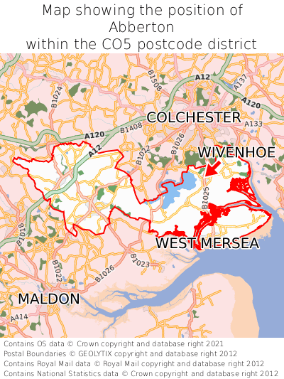 Map showing location of Abberton within CO5