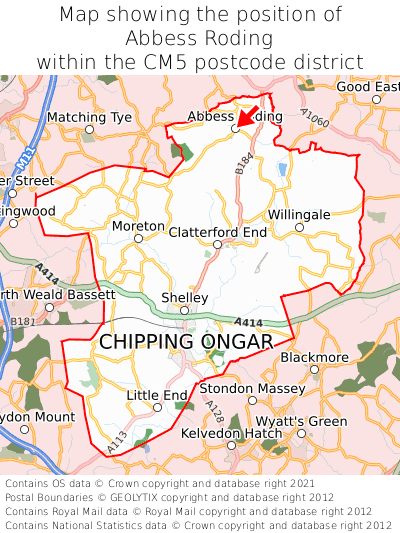 Map showing location of Abbess Roding within CM5