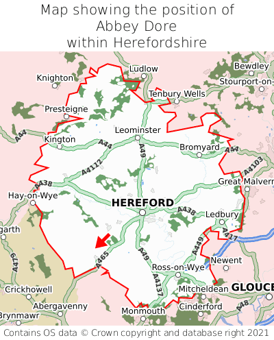 Map showing location of Abbey Dore within Herefordshire