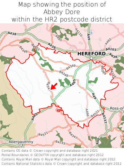Map showing location of Abbey Dore within HR2