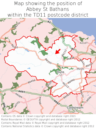 Map showing location of Abbey St Bathans within TD11