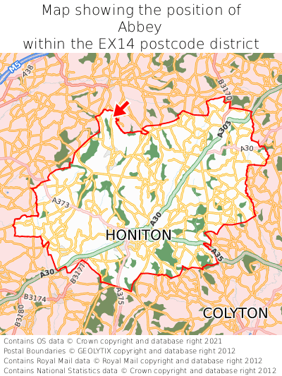 Map showing location of Abbey within EX14