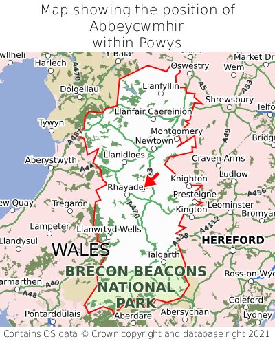 Map showing location of Abbeycwmhir within Powys