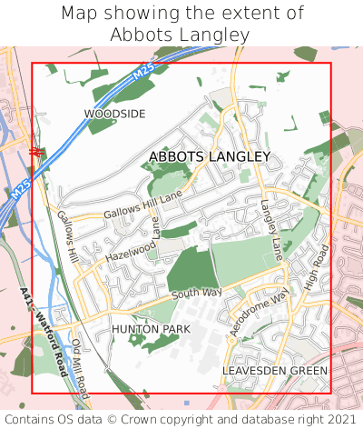 Map showing extent of Abbots Langley as bounding box