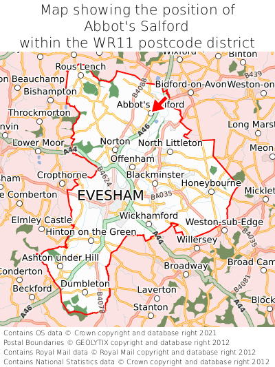 Map showing location of Abbot's Salford within WR11