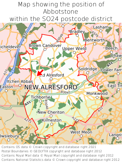Map showing location of Abbotstone within SO24