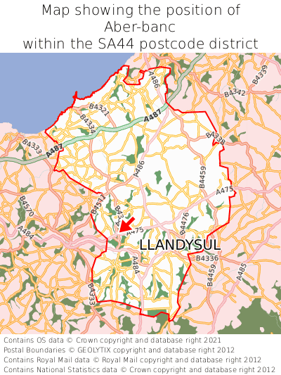 Map showing location of Aber-banc within SA44