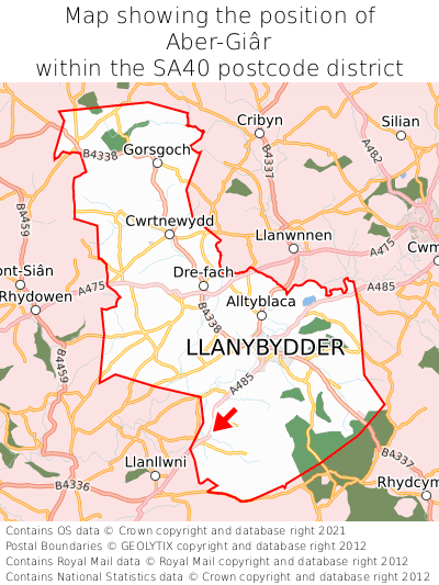 Map showing location of Aber-Giâr within SA40