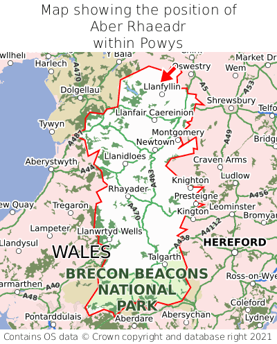 Map showing location of Aber Rhaeadr within Powys