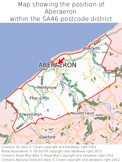 Map showing location of Aberaeron within SA46