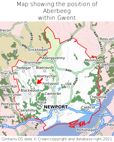 Map showing location of Aberbeeg within Gwent