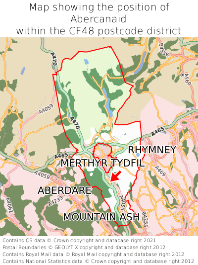 Map showing location of Abercanaid within CF48