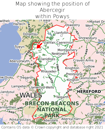 Map showing location of Abercegir within Powys