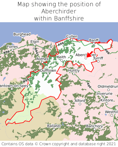 Map showing location of Aberchirder within Banffshire