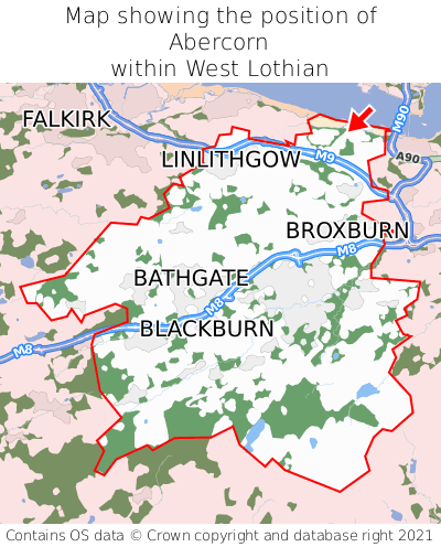 Map showing location of Abercorn within West Lothian