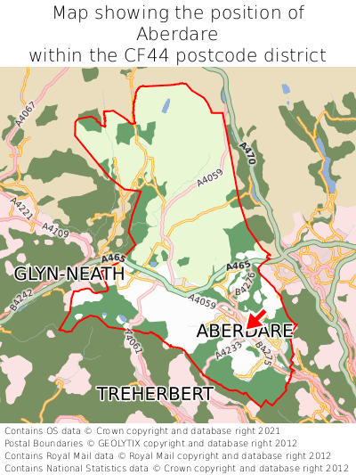 Map showing location of Aberdare within CF44