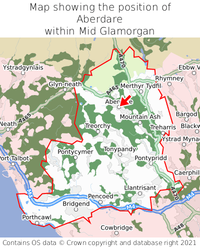Map showing location of Aberdare within Mid Glamorgan
