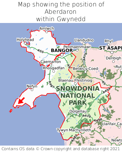 Map showing location of Aberdaron within Gwynedd