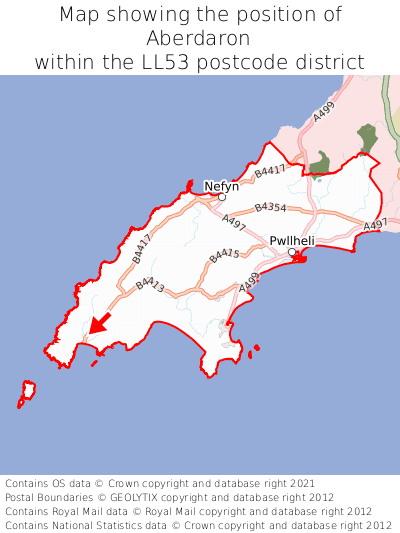 Map showing location of Aberdaron within LL53