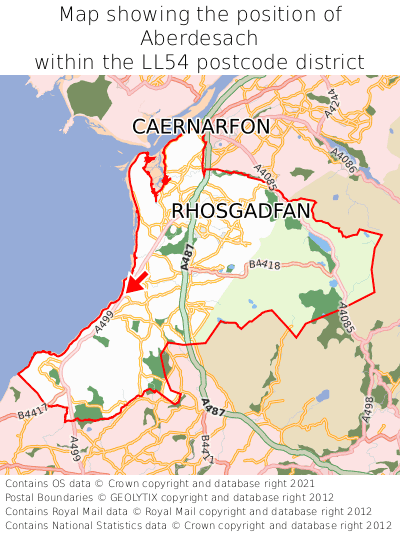 Map showing location of Aberdesach within LL54