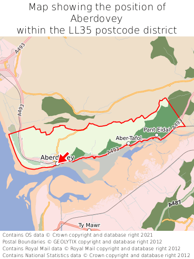 Map showing location of Aberdovey within LL35