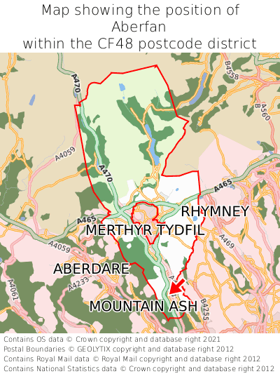 Map showing location of Aberfan within CF48