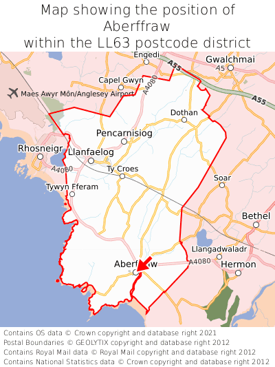 Map showing location of Aberffraw within LL63